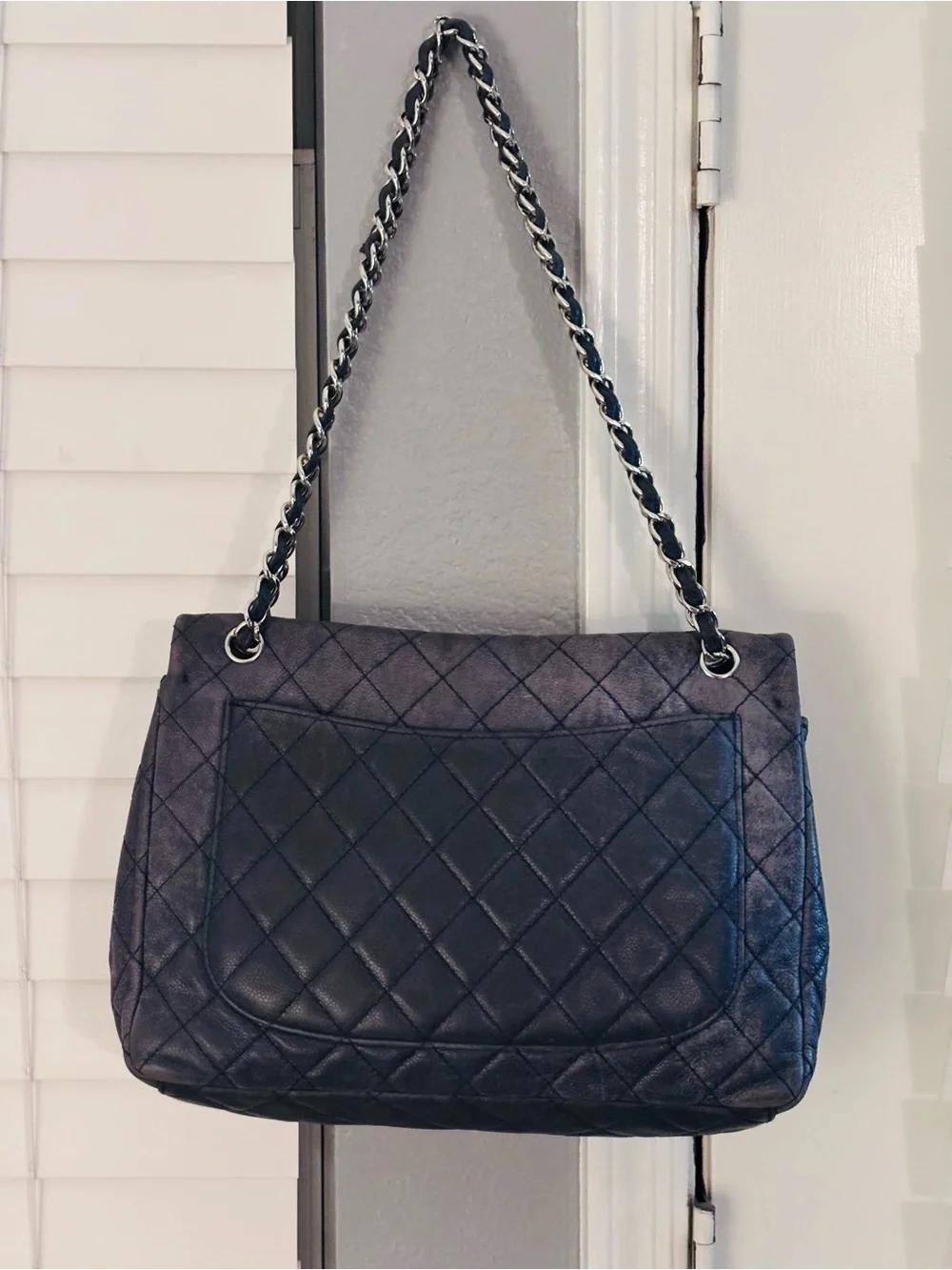 CHANEL vintage Maxi Classic Flap Navy Caviar Leather w/ Silver Hardware